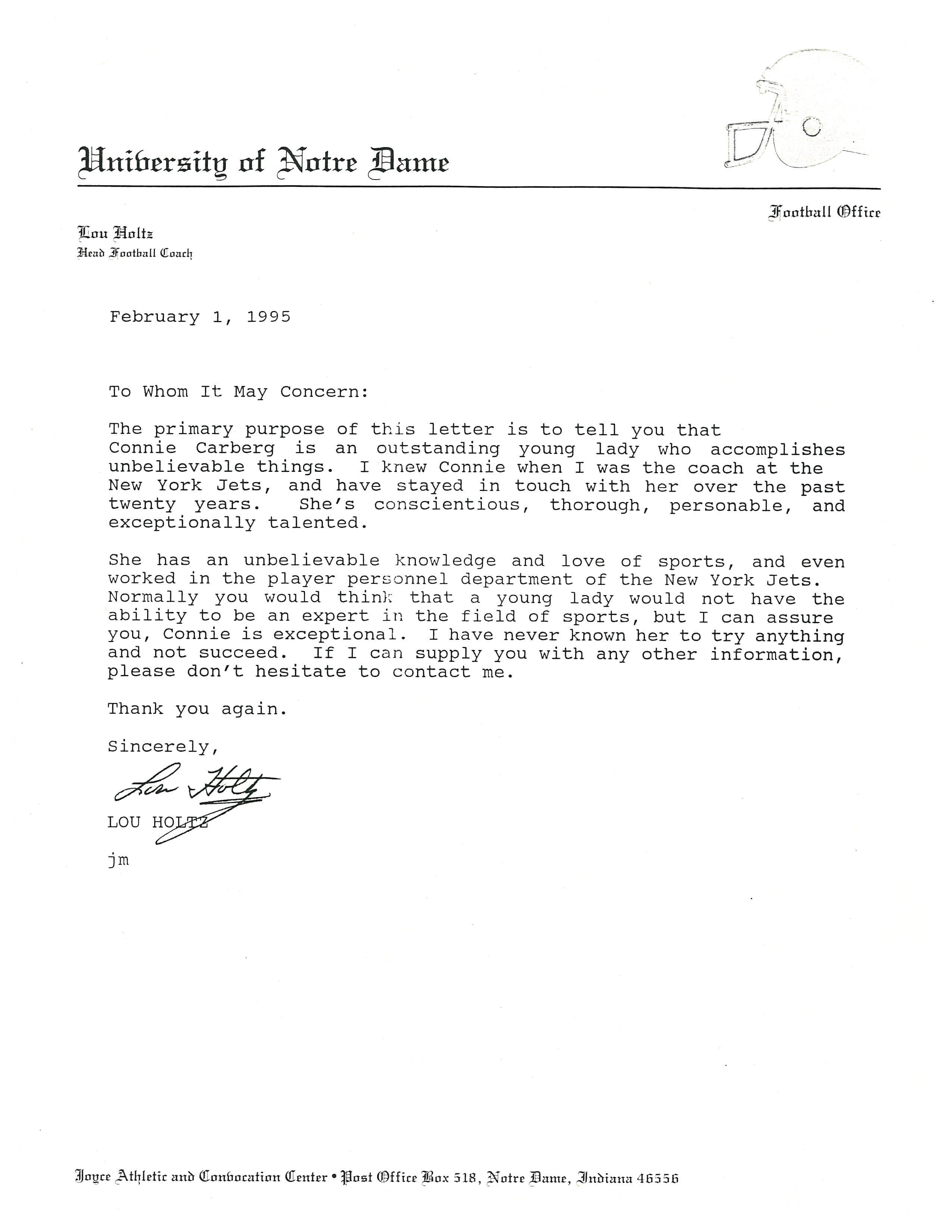 Letter from Lou Holtz