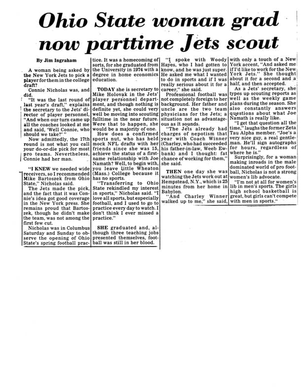 Newspaper article about Ohio State grad Connie Nicholas becoming a Jets scout