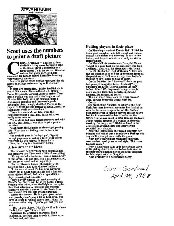 Sun-Sentinel article about Connie Carberg scouting from her living room, 1988