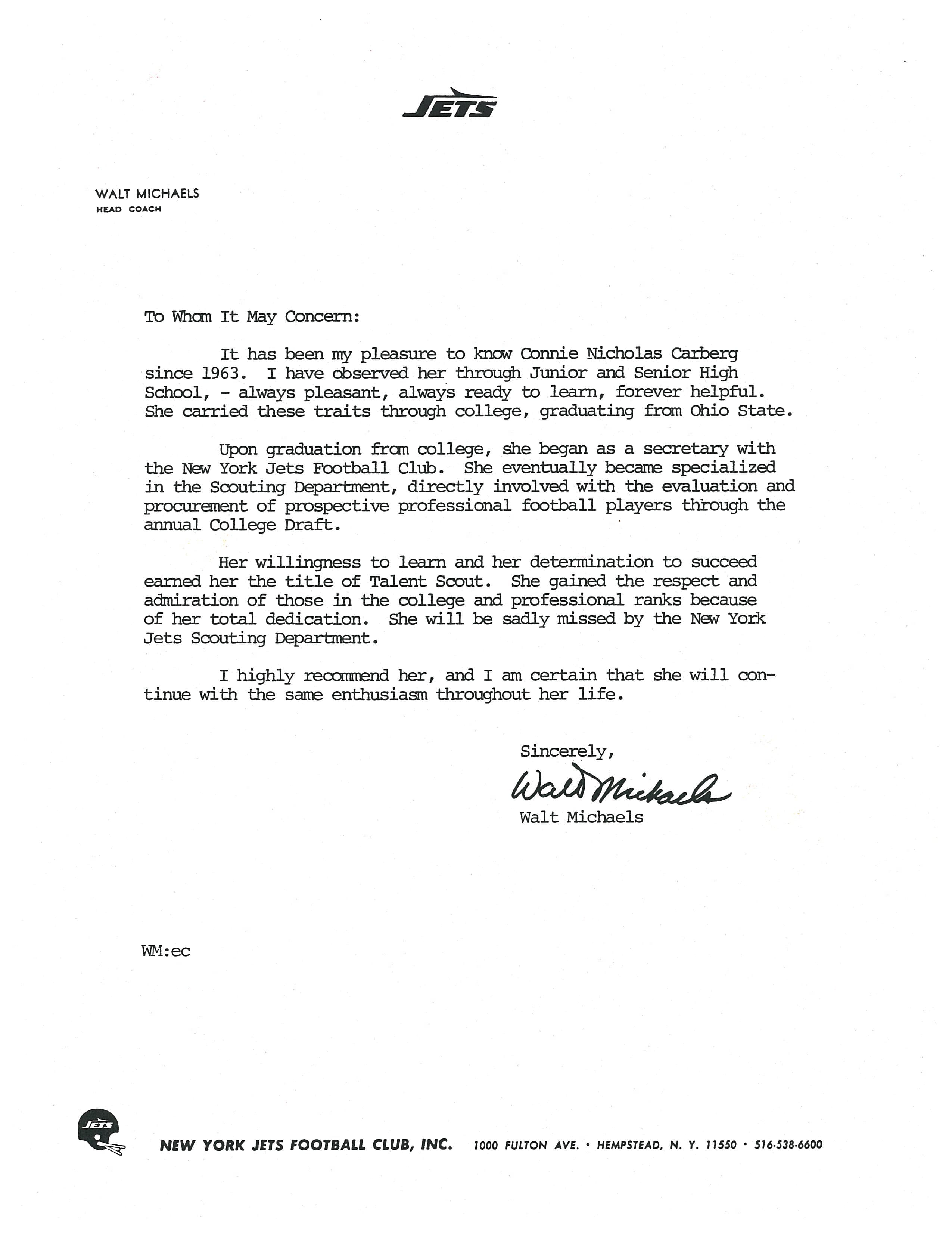 Letter from Walt Michaels, Head Coach of the New York Jets, recommending Connie Carberg