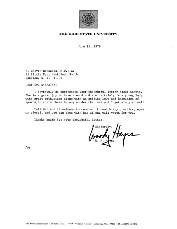 Letter from Woody Hayes of Ohio State University about Connie Nicholas